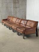 Vintage brown leather and oak wood modular sofa 1970s