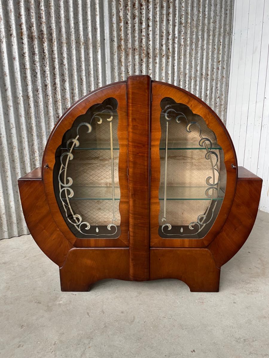 Vintage glass cabinet - Art deco England - Walnut 1950s 