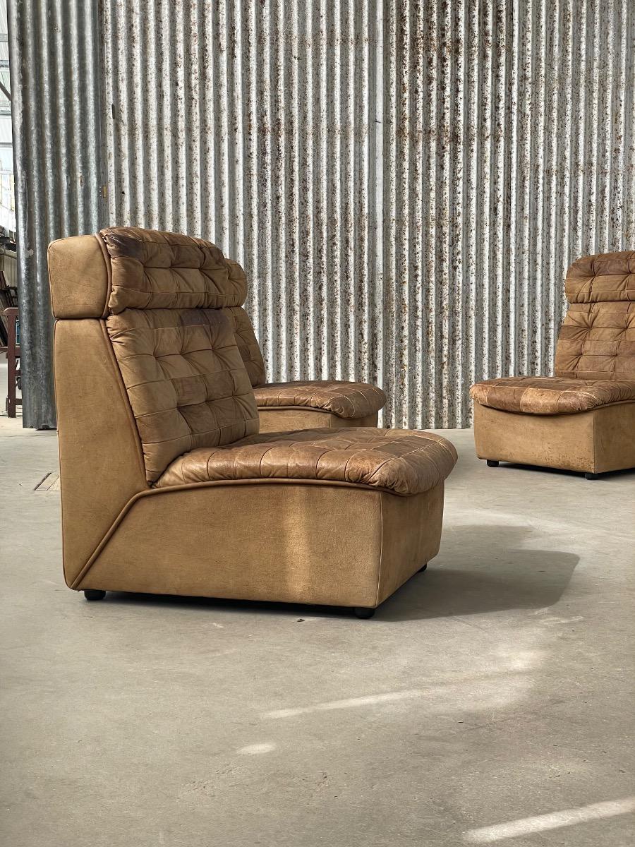 Vintage modular 4-element patchwork sofa in brown leather, 1970s