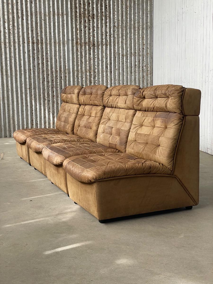 Vintage modular 4-element patchwork sofa in brown leather, 1970s