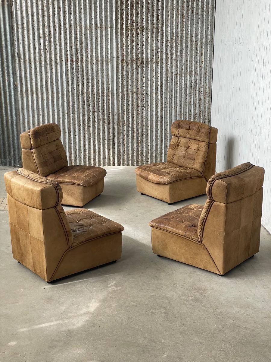 Vintage modular 4-element patchwork sofa in brown leather, 1970s