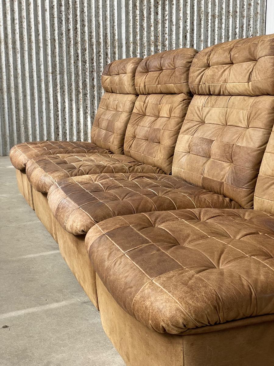 Vintage modular 4-element patchwork sofa in brown leather, 1970s