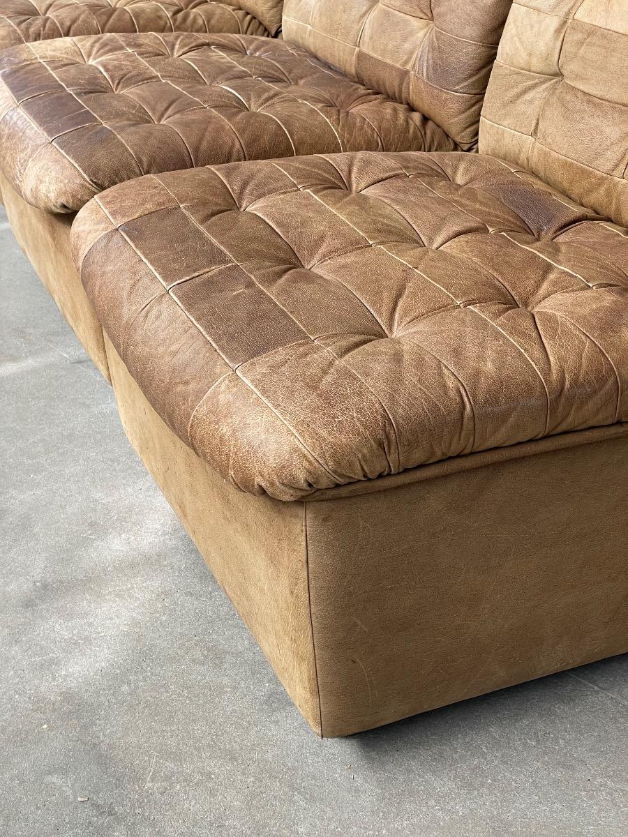 Vintage modular 4-element patchwork sofa in brown leather, 1970s