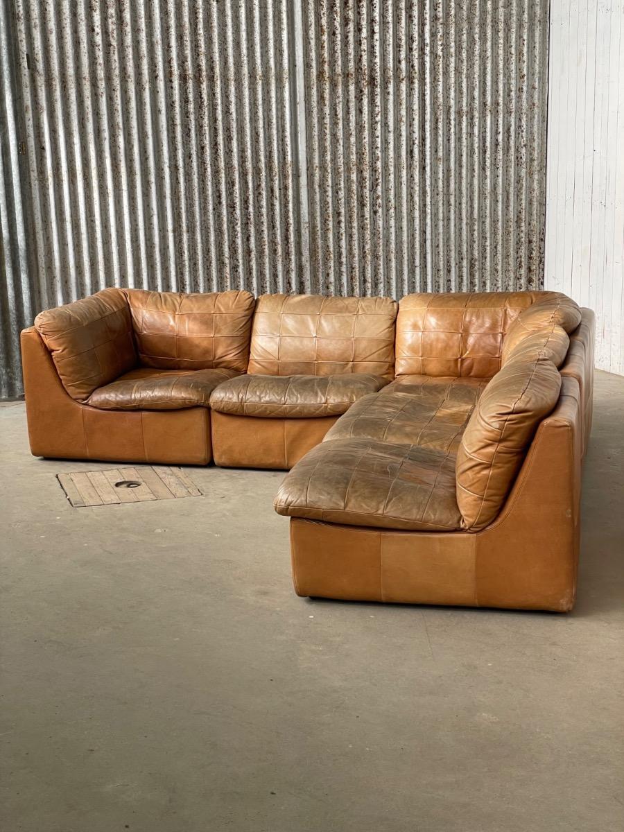Vintage modular brown leather patchwork sofa, 1970s