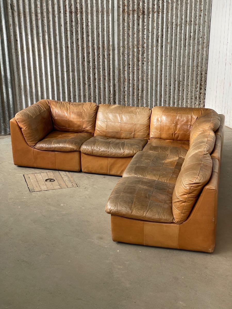 Vintage modular brown leather patchwork sofa, 1970s