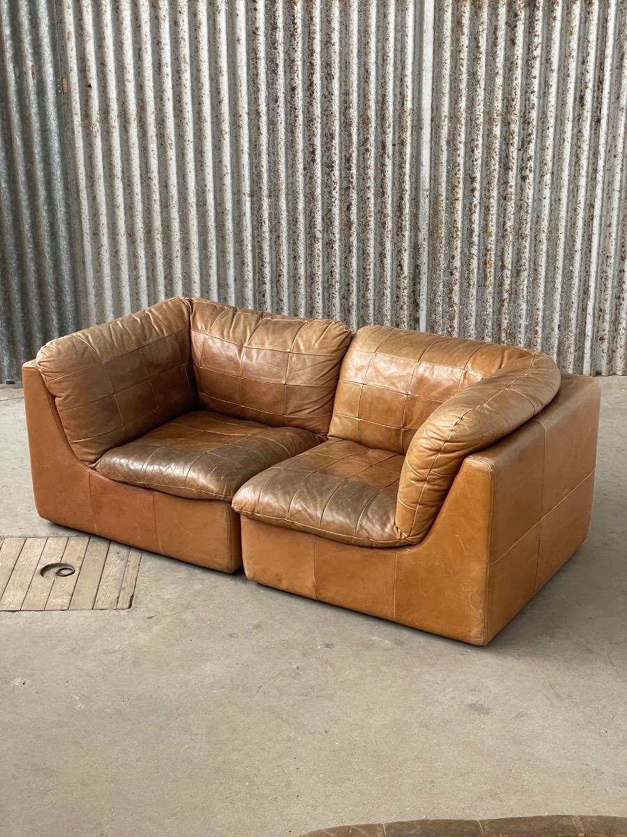 Vintage modular brown leather patchwork sofa, 1970s