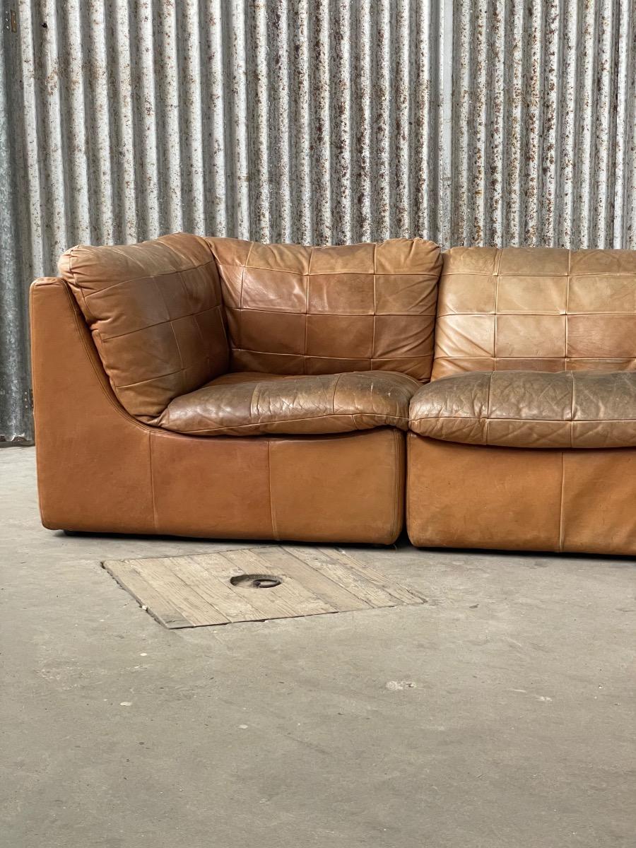 Vintage modular brown leather patchwork sofa, 1970s