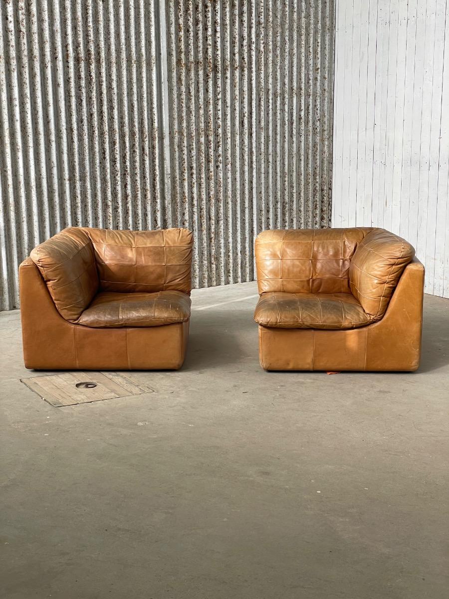 Vintage modular brown leather patchwork sofa, 1970s