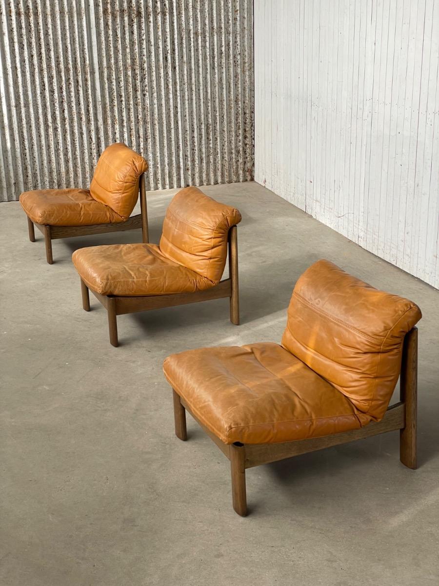 Vintage oak and brown leather sofa / loungechairs 1960s 