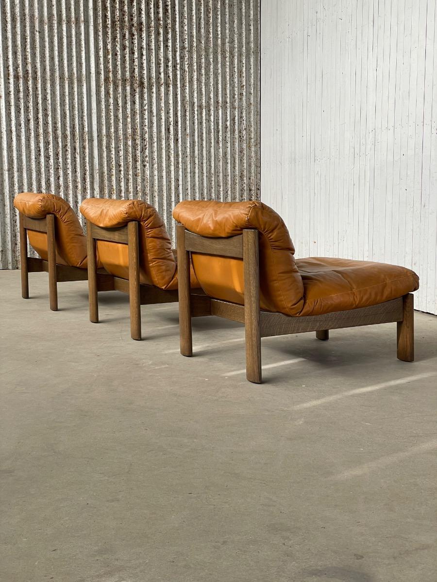 Vintage oak and brown leather sofa / loungechairs 1960s 