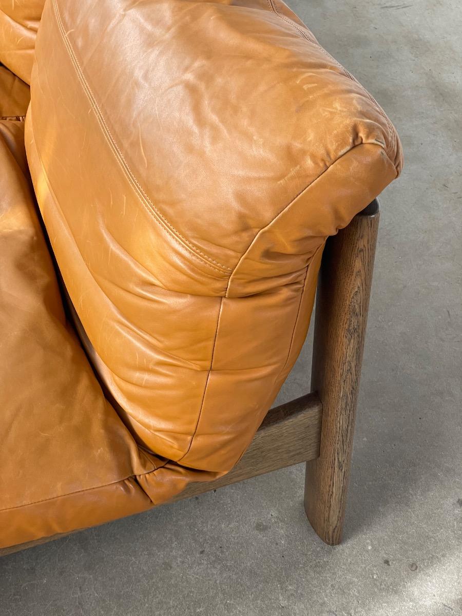 Vintage oak and brown leather sofa / loungechairs 1960s 