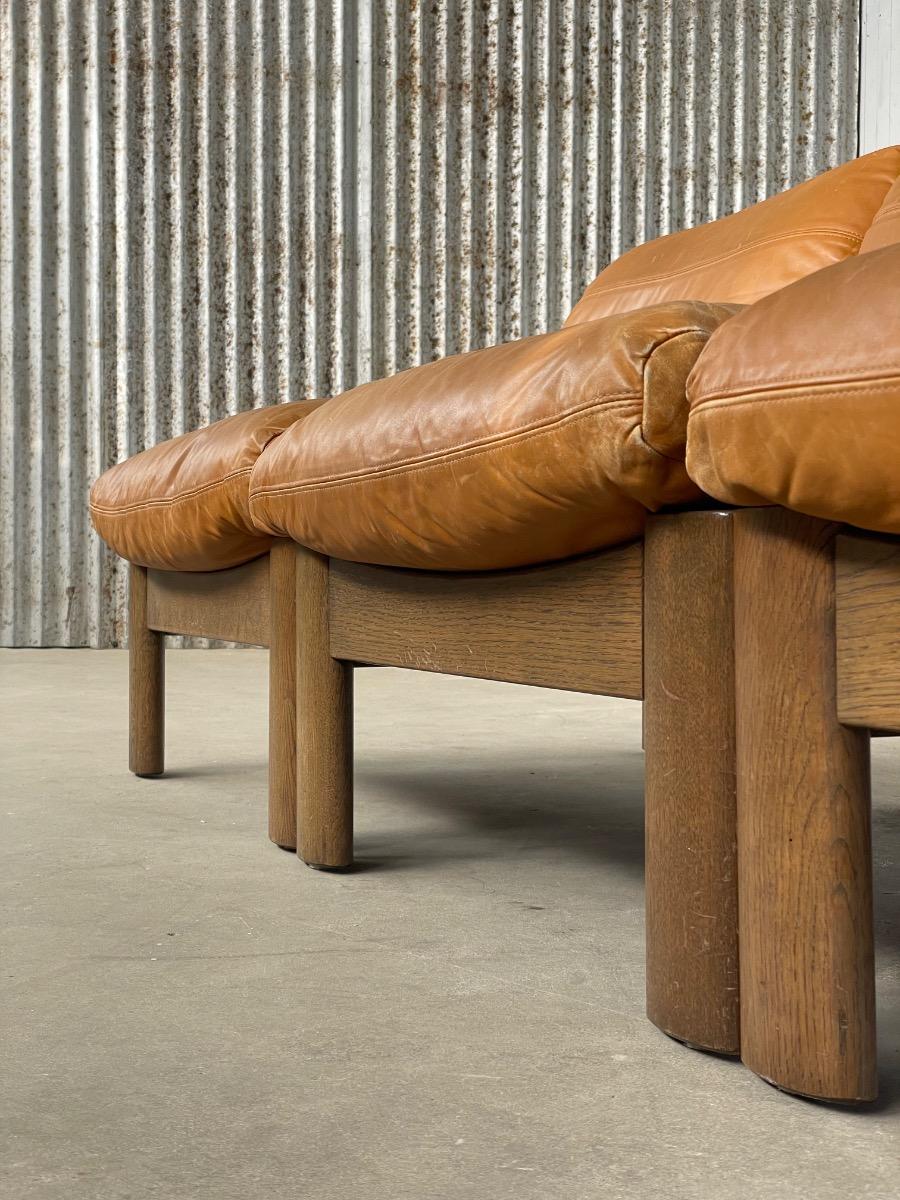 Vintage oak and brown leather sofa / loungechairs 1960s 