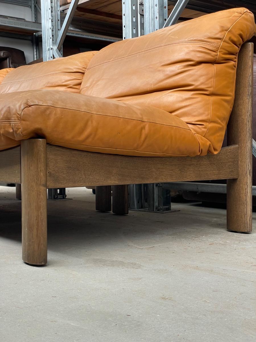 Vintage oak and brown leather sofa / loungechairs 1960s 