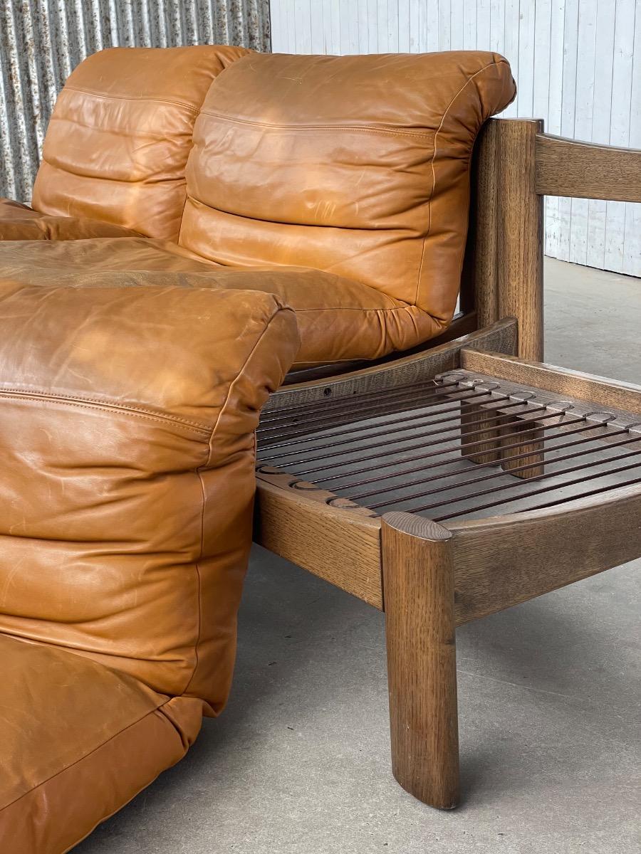 Vintage oak and brown leather sofa / loungechairs 1960s 