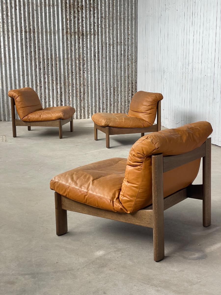 Vintage oak and brown leather sofa / loungechairs 1960s 