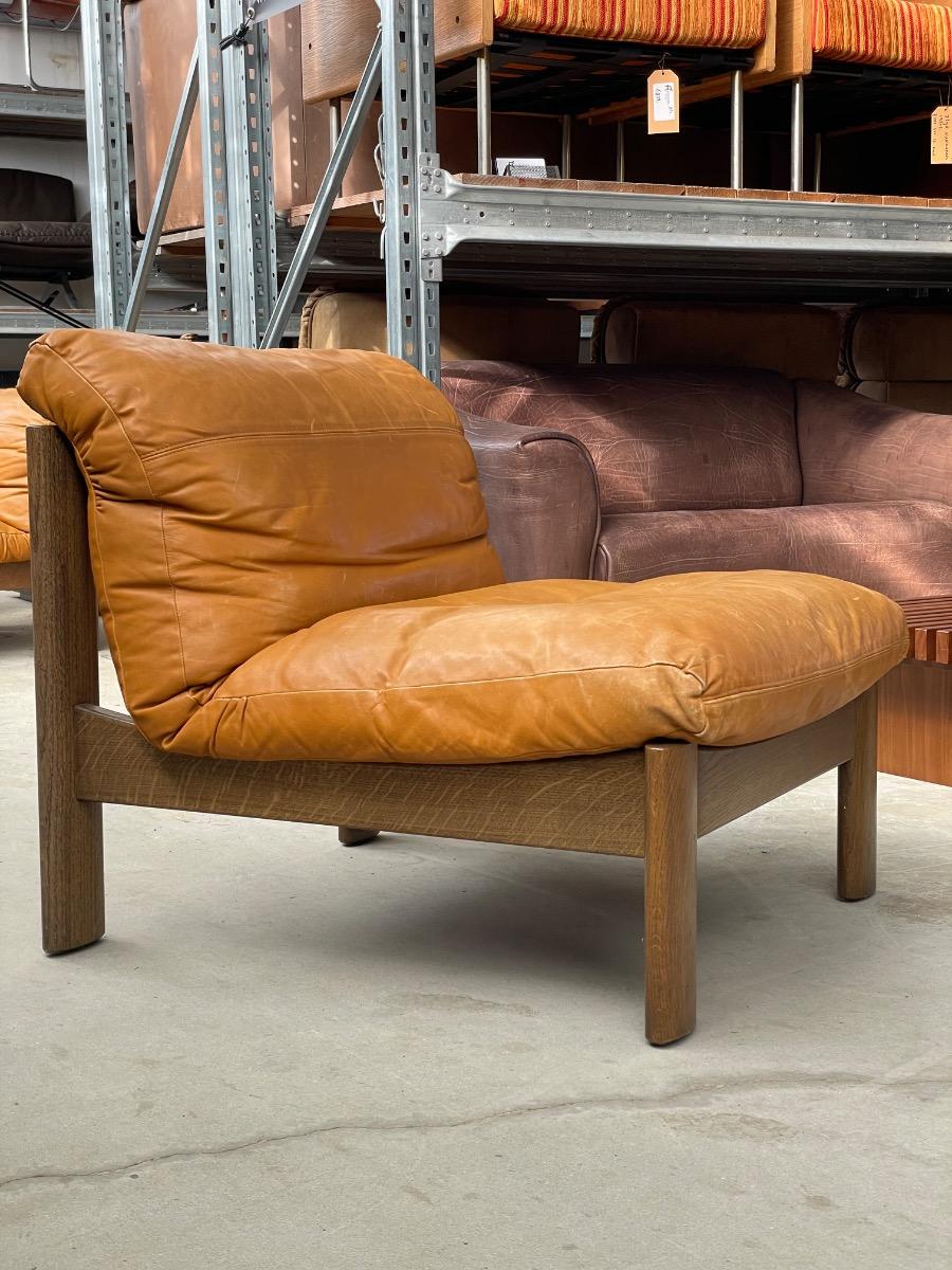 Vintage oak and brown leather sofa / loungechairs 1960s 