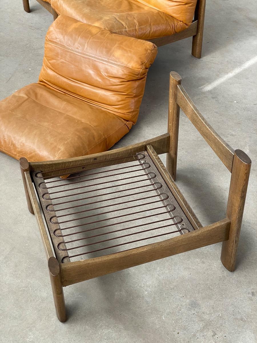 Vintage oak and brown leather sofa / loungechairs 1960s 