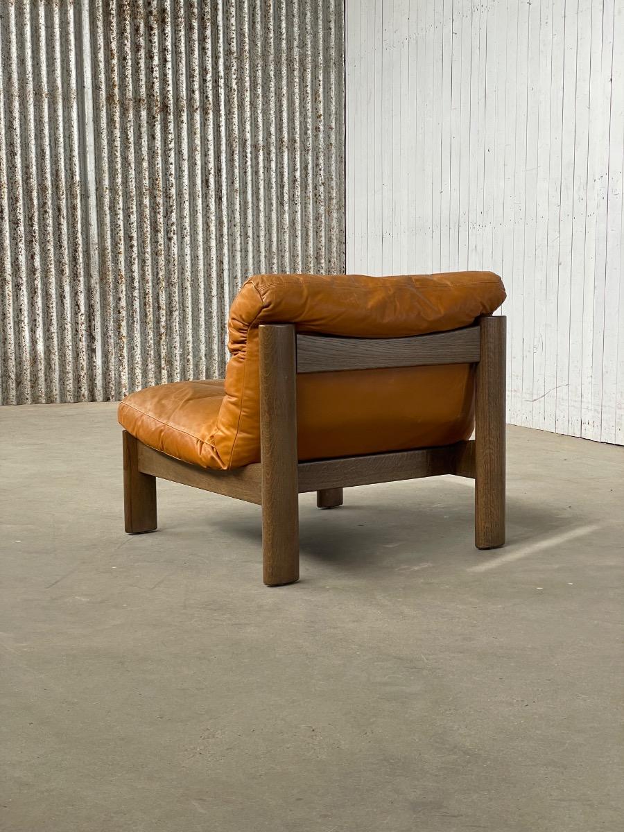 Vintage oak and brown leather sofa / loungechairs 1960s 