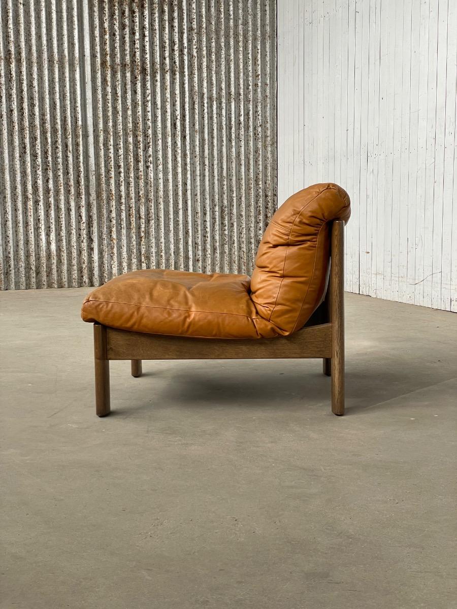 Vintage oak and brown leather sofa / loungechairs 1960s 