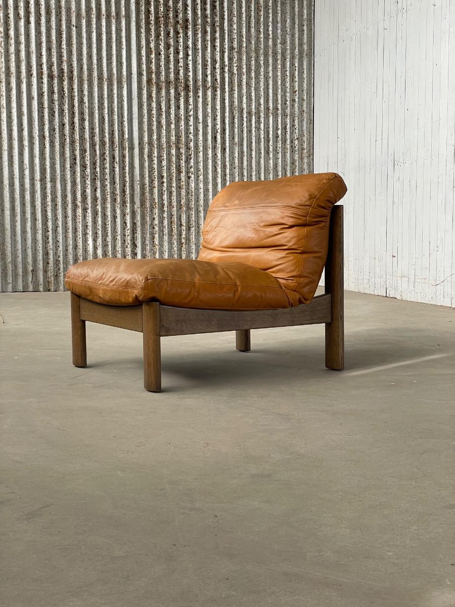 Vintage oak and brown leather sofa / loungechairs 1960s 