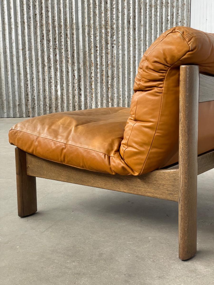 Vintage oak and brown leather sofa / loungechairs 1960s 