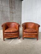 Vintage pair sheep leather chairs - brown leather - design 