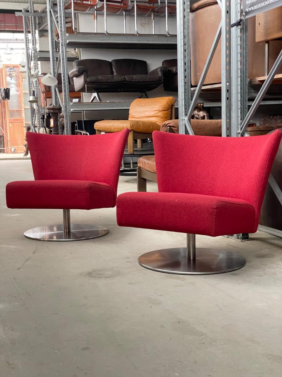 Vintage pair swivel chairs by Jan des Bouvrie on stainless steel base, Netherlands 