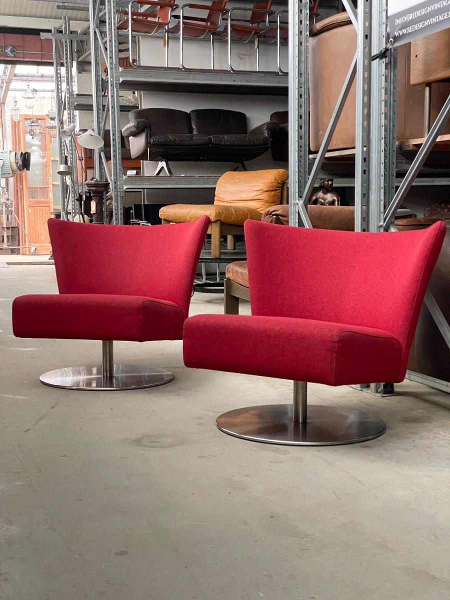 Vintage pair swivel chairs by Jan des Bouvrie on stainless steel base, Netherlands 