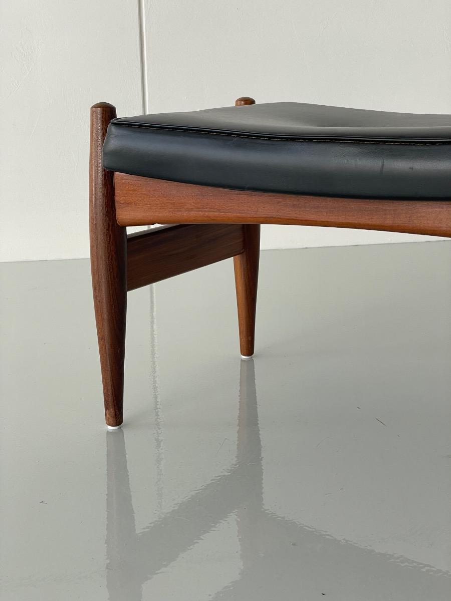 Vintage Spøttrup teakwood and black leather stool, Denmark 1960s
