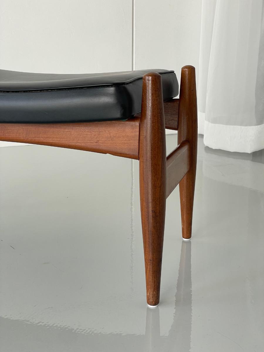 Vintage Spøttrup teakwood and black leather stool, Denmark 1960s