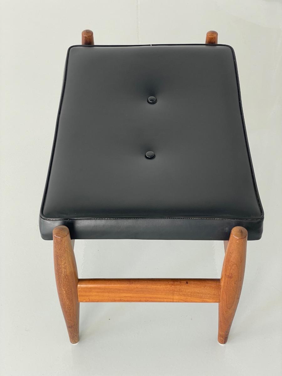Vintage Spøttrup teakwood and black leather stool, 1960s